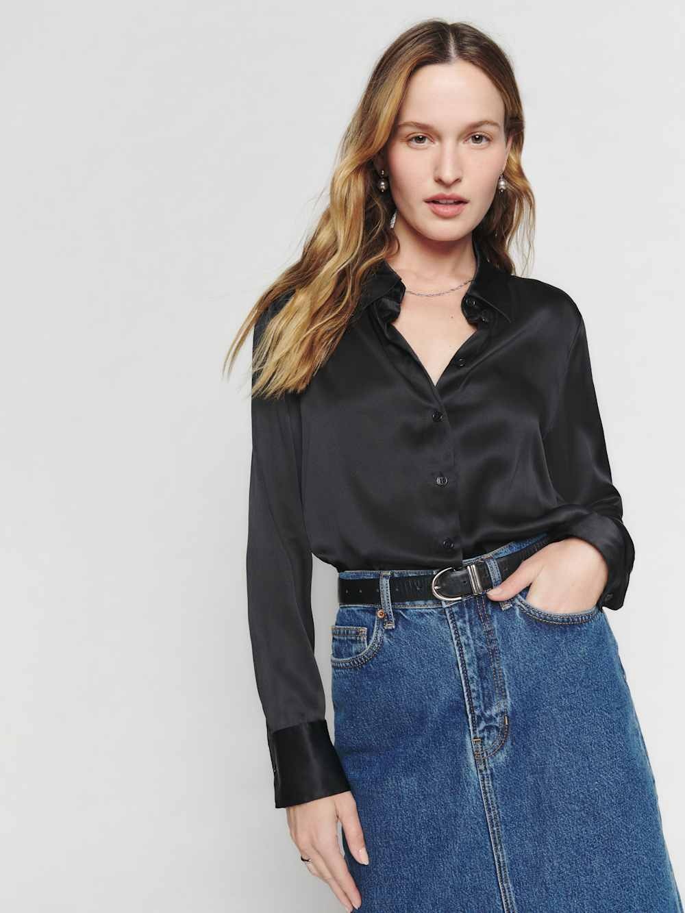 Reformation Sky Relaxed Silk Top Button Down - Small, Black